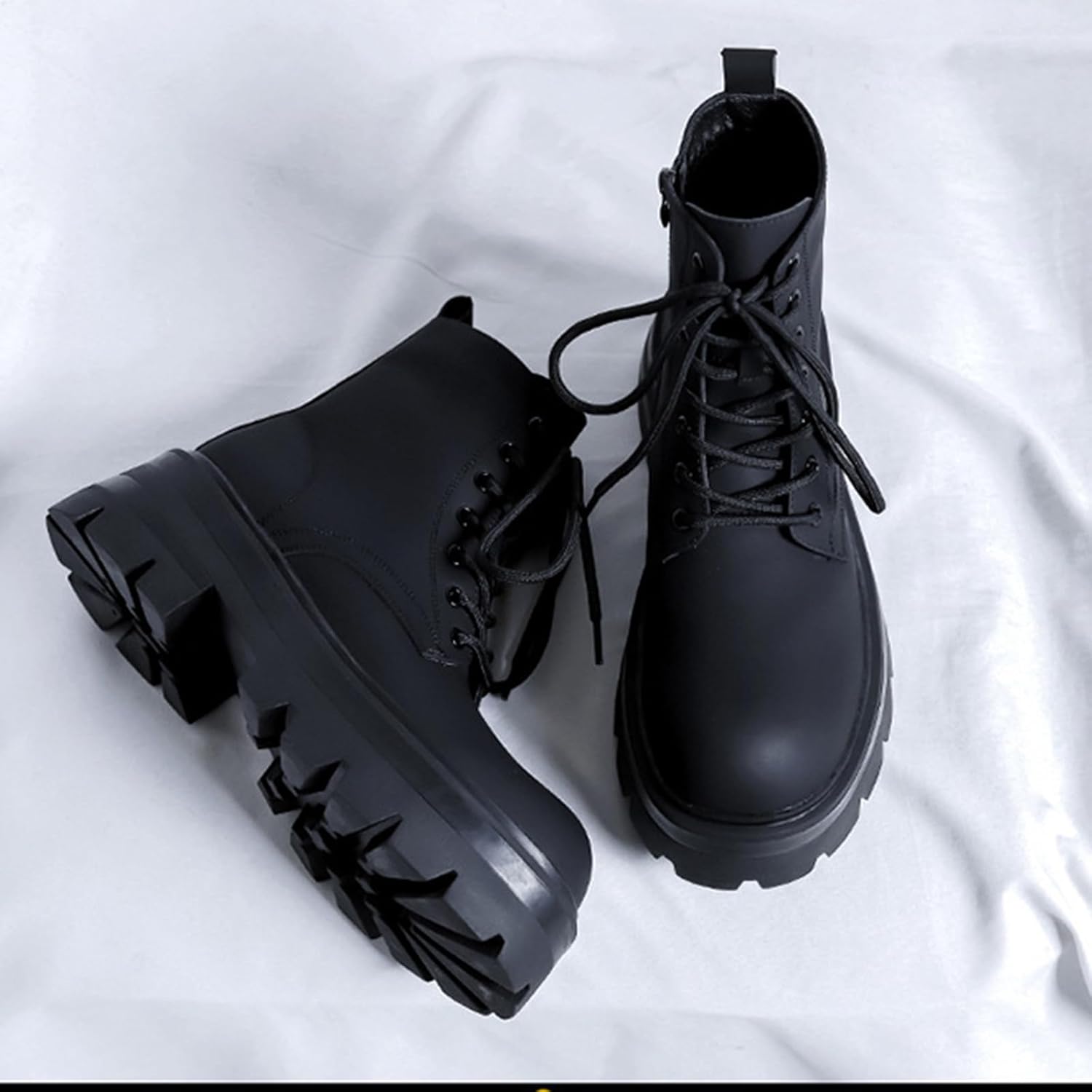 Men's Black Leather Platform Motorcycle Boots,Classic Comfort Waterproof Non-Slip Zip Biker Riding Casual Ankle Boots