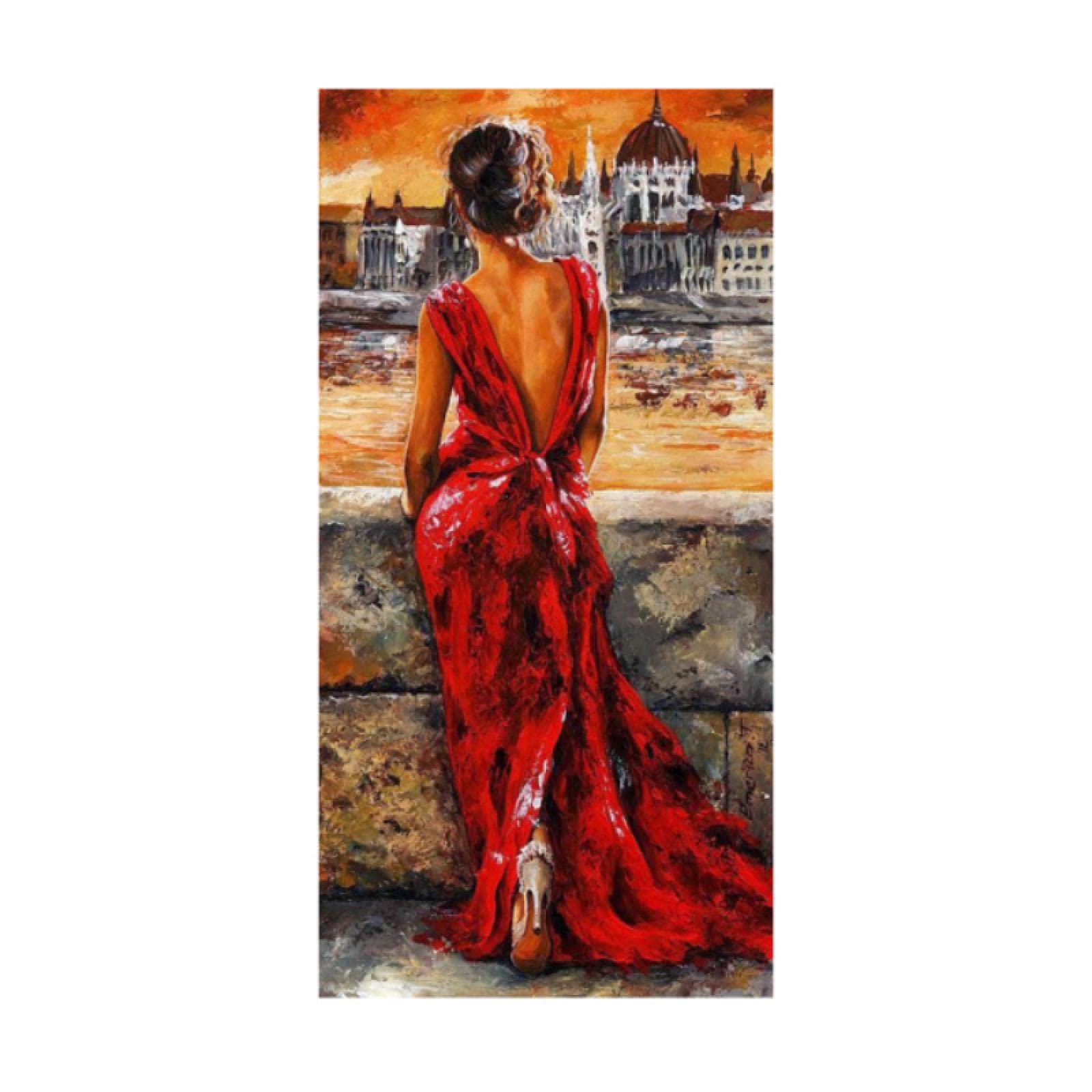 Amazon｜ロマンチックな赤いドレスの女性のポスターキャンバス絵画北欧