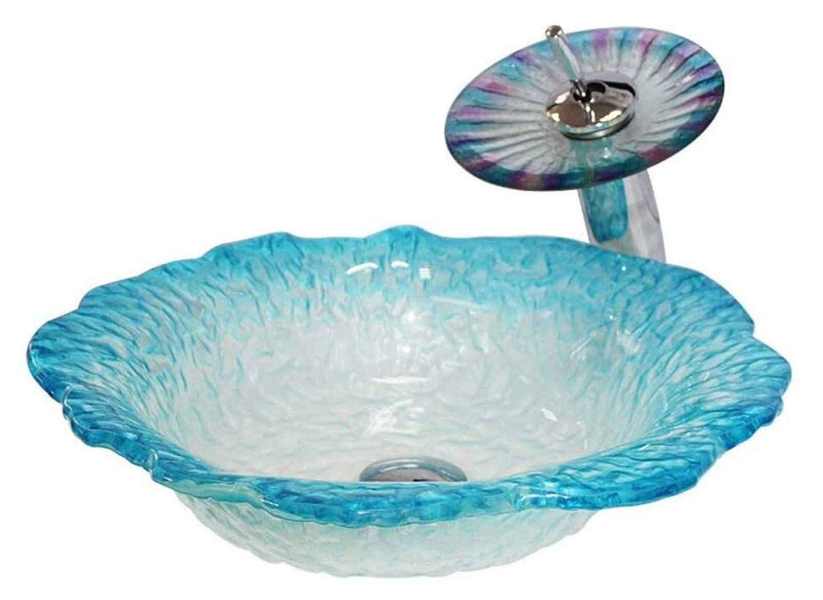 WOTZOV Vanity Unit With Basin,Bathroom Basin Vessels Sink Countertop Basin, Transparent Gradient Above Counter Vessel Vanity Sink Tempered Glass Flower Shape Bathroom Lavatory Bowl