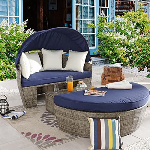 PatioFestival Patio Furniture Outdoor Daybed with Retractable Canopy 3 Pieces Round Daybed Sectional Sofa Bed Wicker Patio Conversation Set with 4\" Cushion, All Weather Frame for Backyard,Pool