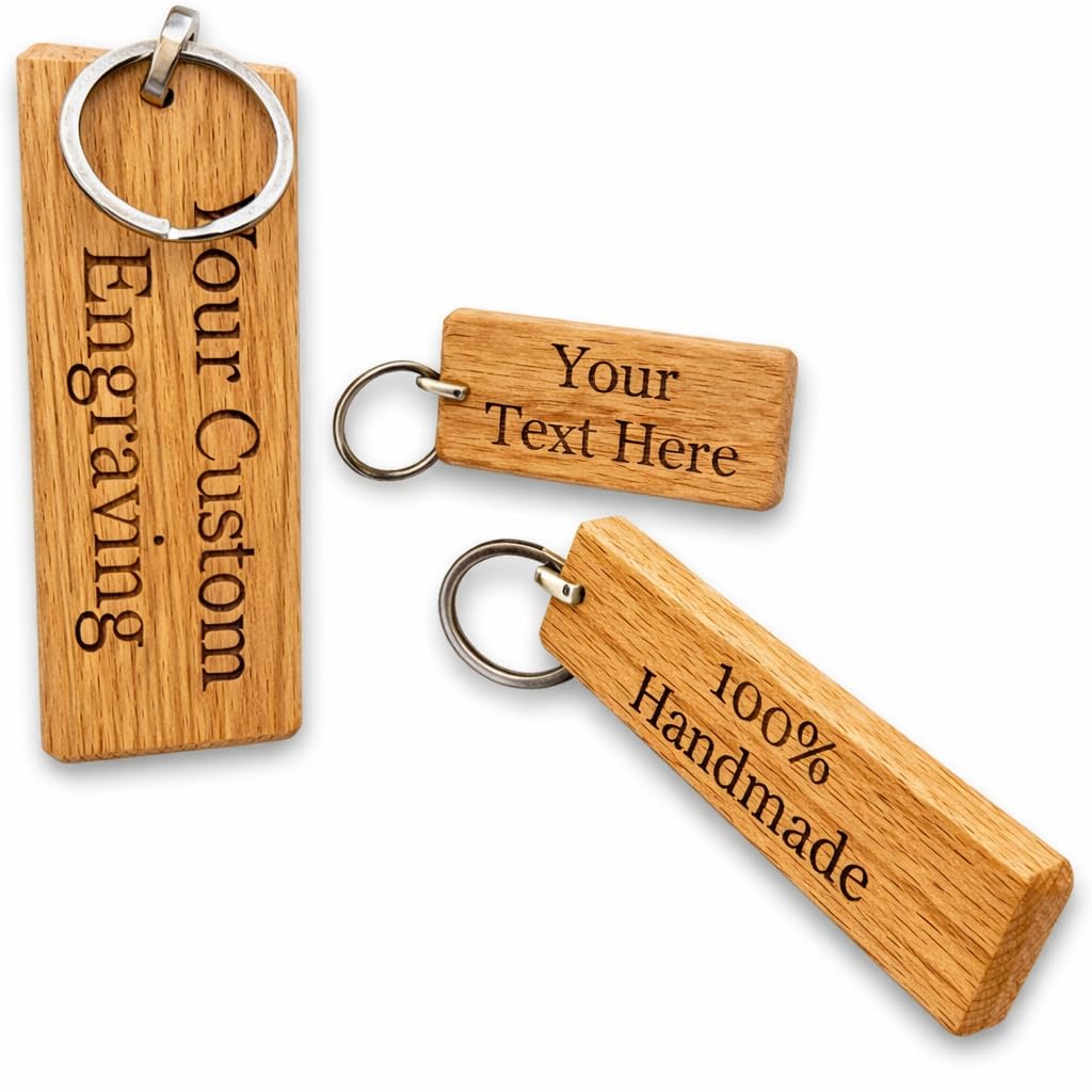 UKHobbyStore Handmade Personalised Chunky Rustic Oak Wooden Keyring with Custom Engraving for Hotel Rooms, Shed, B&B, Offices, Workshop, Names, Bar, Business, Studio and Lodges etc (Black Fixings, L)