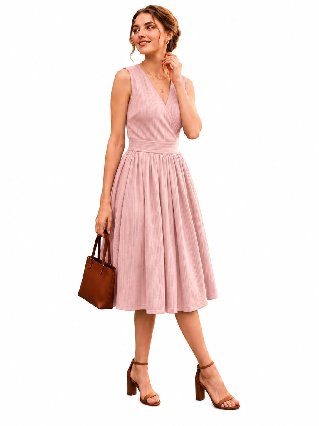 Dress for Women | Women Sleeveless Dress | Stylish V Neck Midi Flared One Piece | Trendy Ladies Elegant Western Outfit | Comfortable Casual Gown | Modern Girls Apparel (48-D)-picture-48