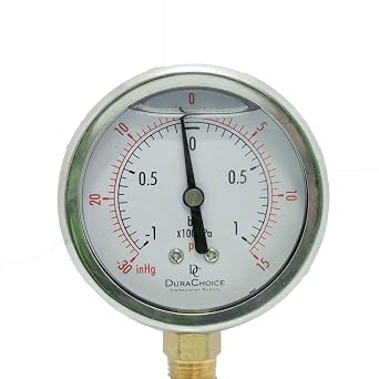 2" Oil Filled Vaccum Pressure Gauge - Stainless Steel Case, Brass, 1/4" NPT, Lower Mount Connection, 30HG/15PSI