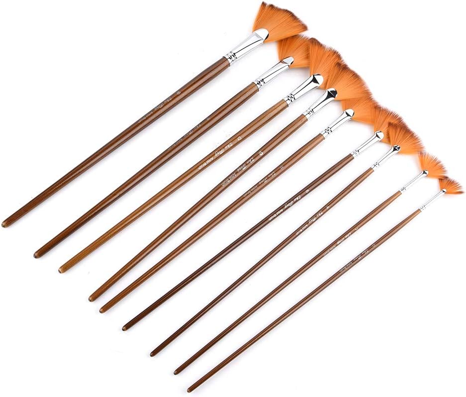 9Pcs Brown Nylon Hair Aluminium Alloy Tube Fan Shape Drawing Brush Art Painting Tool for Kids and Adults