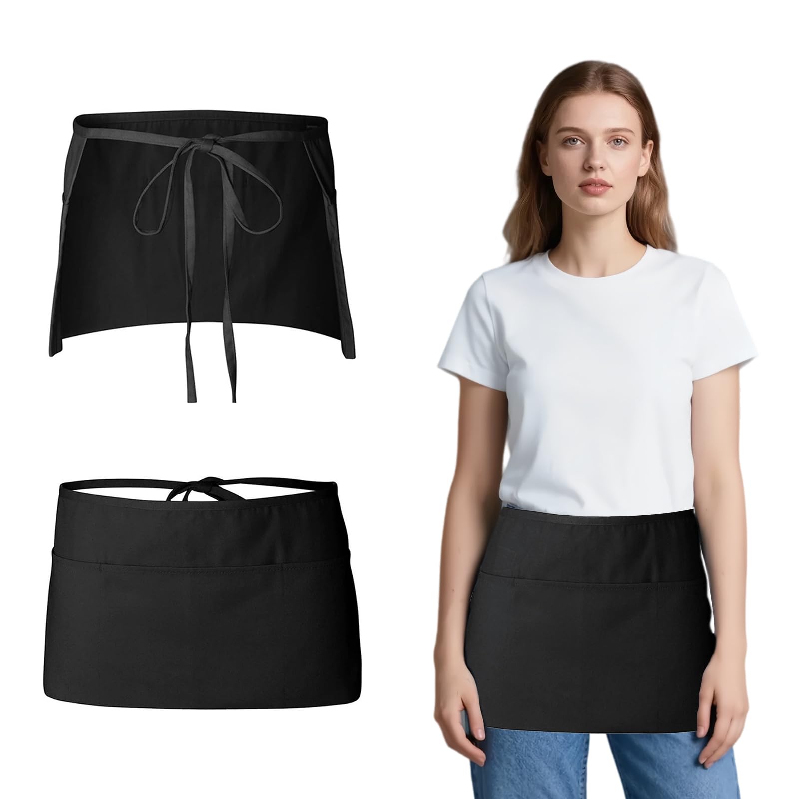 Makoto Nobu Women's Black 2 Pcs Waitress Apron, Short Half Waist Apron With 3 Pockets, Server Aprons For Chef Restaurant Staff Waitress Waiter Chef Men,