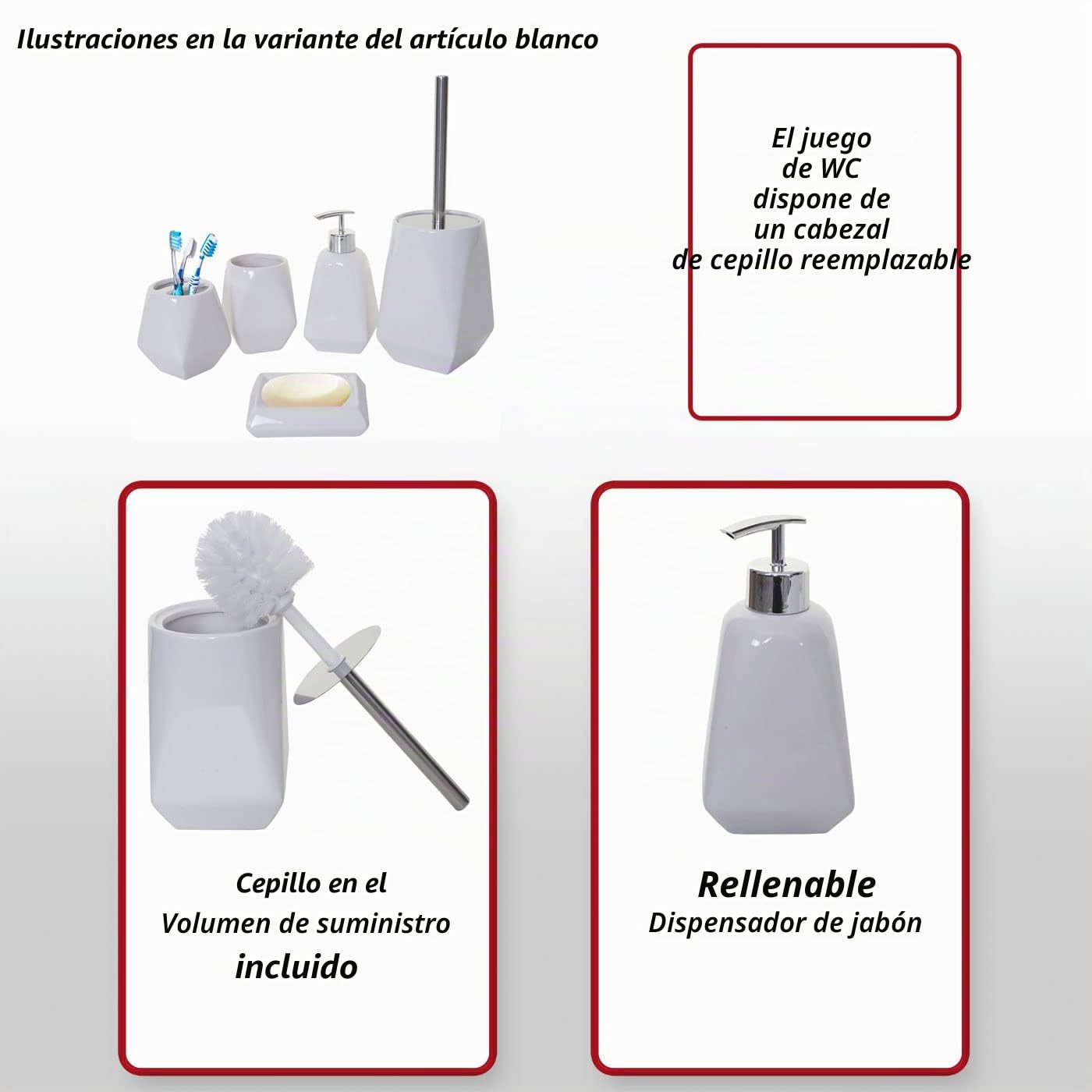 HWC-C71 - Juego de accesorios de baño (5 piezas, cerámica), color blanco