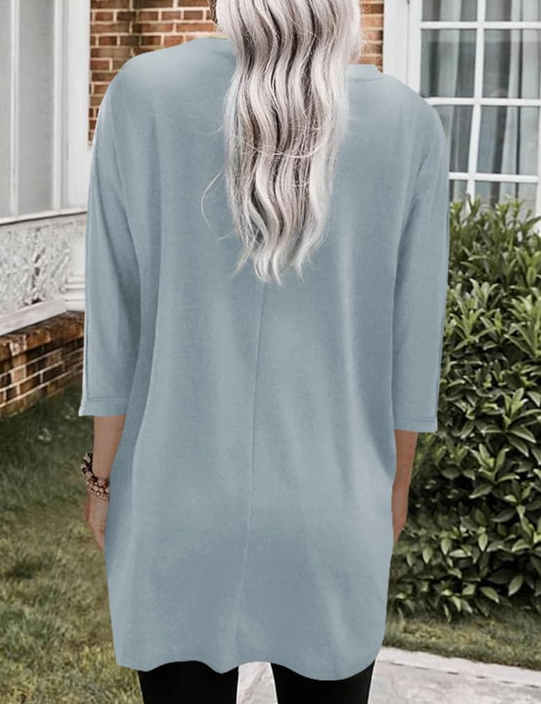 Poetsky Womens Tunic Tops for Leggings with Pockets Vneck 3/4 Length Sleeve Shirt Casual Long T-Shirts S-3XL - Image 2
