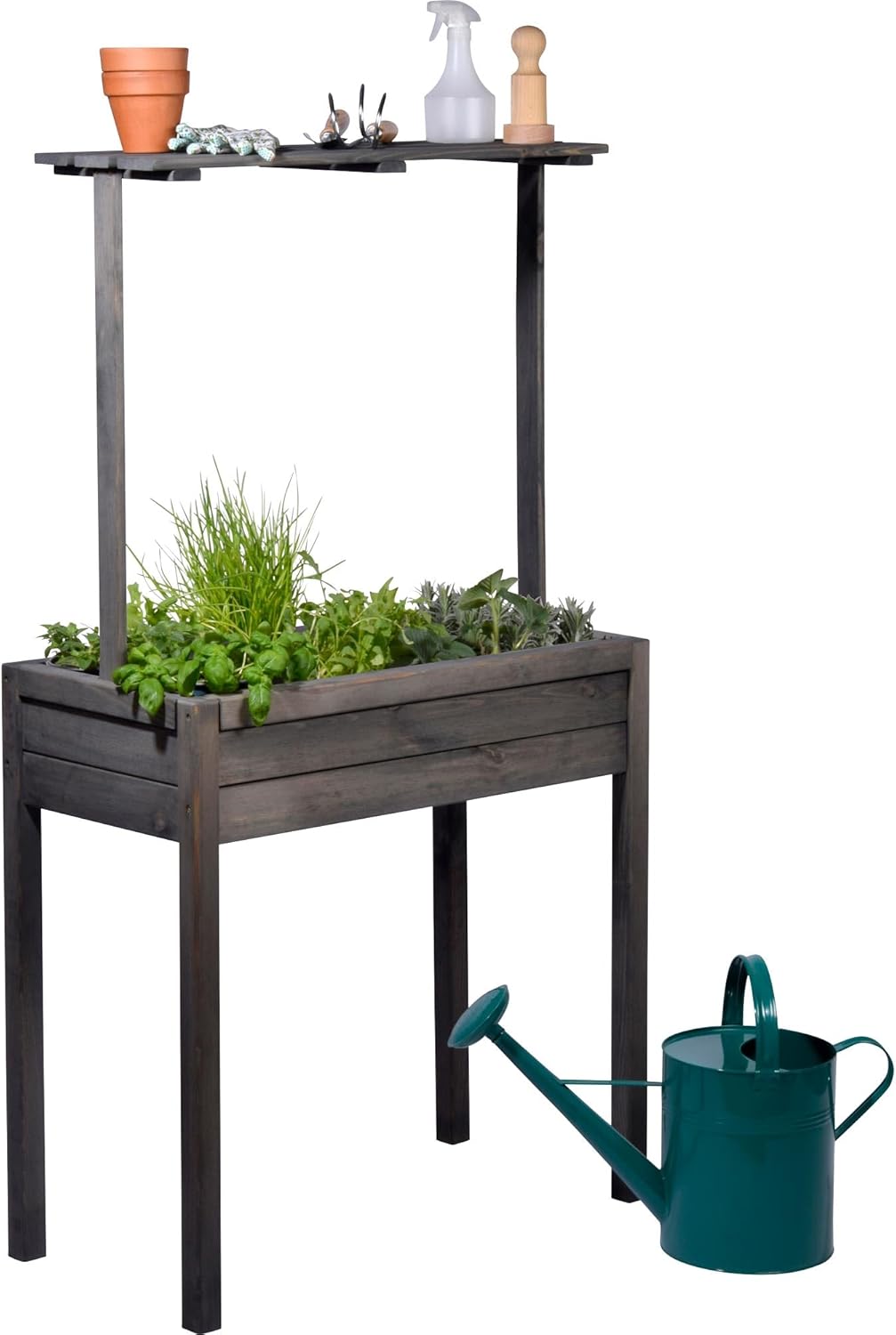 Large Florence Bed with Raised Shelf, Planter with Plant Fleece, 80 x 40 x 145 cm, Pine Wood Plastic, Charcoal, L