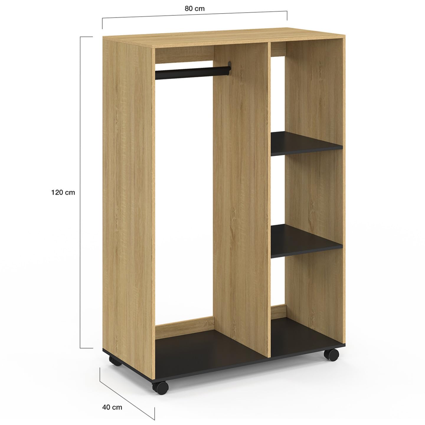 IDMarket - Dressing penderie RACHEL 80 x 40 x 120 cm à roulettes hêtre et noir
