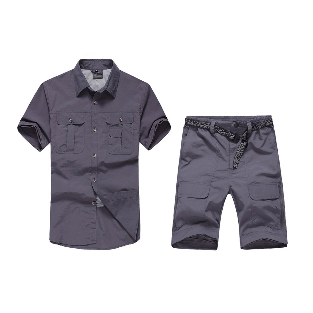 Uomo Outdoor Sport assorbente rimovibile traspirante manica corta camicia + pantaloni assorbente traspirante ad asciugatura rapida per il tempo libero Set, Grau, XL