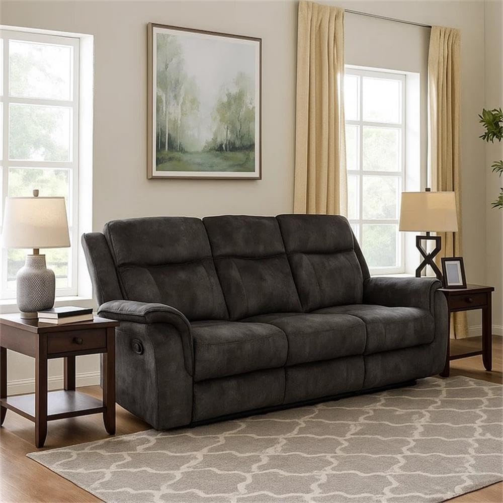 Pemberly Row 82" Sofa with Dual Manual Recliners, Gray Faux Suede Upholstery, Pocket Coil Seating, Hardwood/Plywood Frame, Center Console, Plush Padding, Living Room Furniture for Relaxation
