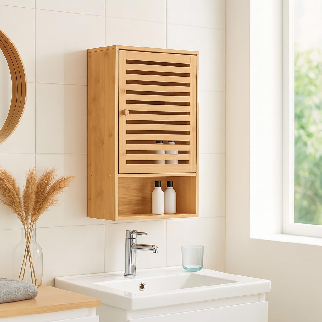 Armoire murale en bambou pour salle de bain, avec porte, étagères ouvertes, meuble de rangement, 60 x 40 x 20 cm, naturel