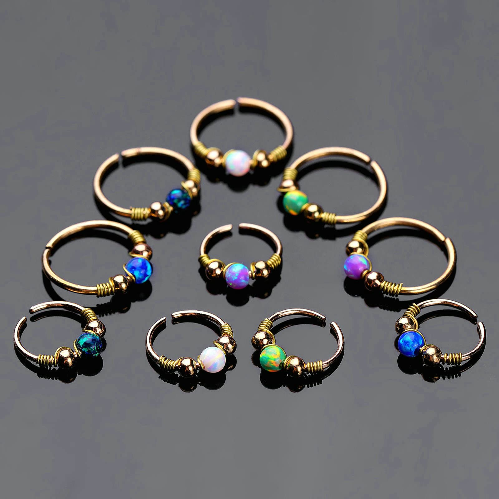 10 szt. kolczyków do piercingu helix, pierścień do przegrody nosowej, okrągły kształt z opalem, kolczyk do nosa, Opal, stal nierdzewna, Bez kamieni szlachetnych