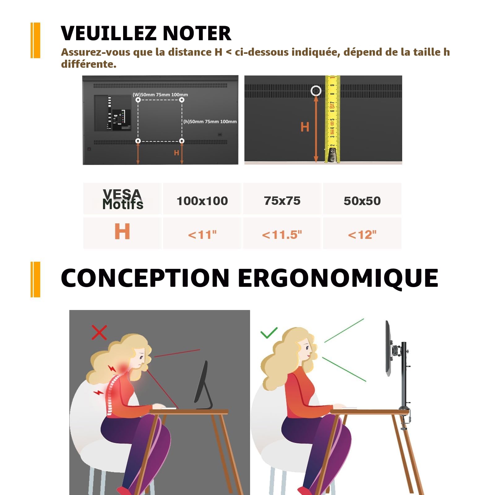 HEMUDU Bras de Support pour écran d'ordinateur Plat incurvé de 33 cm à 81,3 cm avec Pivot, Hauteur réglable, Rotation, Peut Supporter jusqu'à 35 kg, Noir