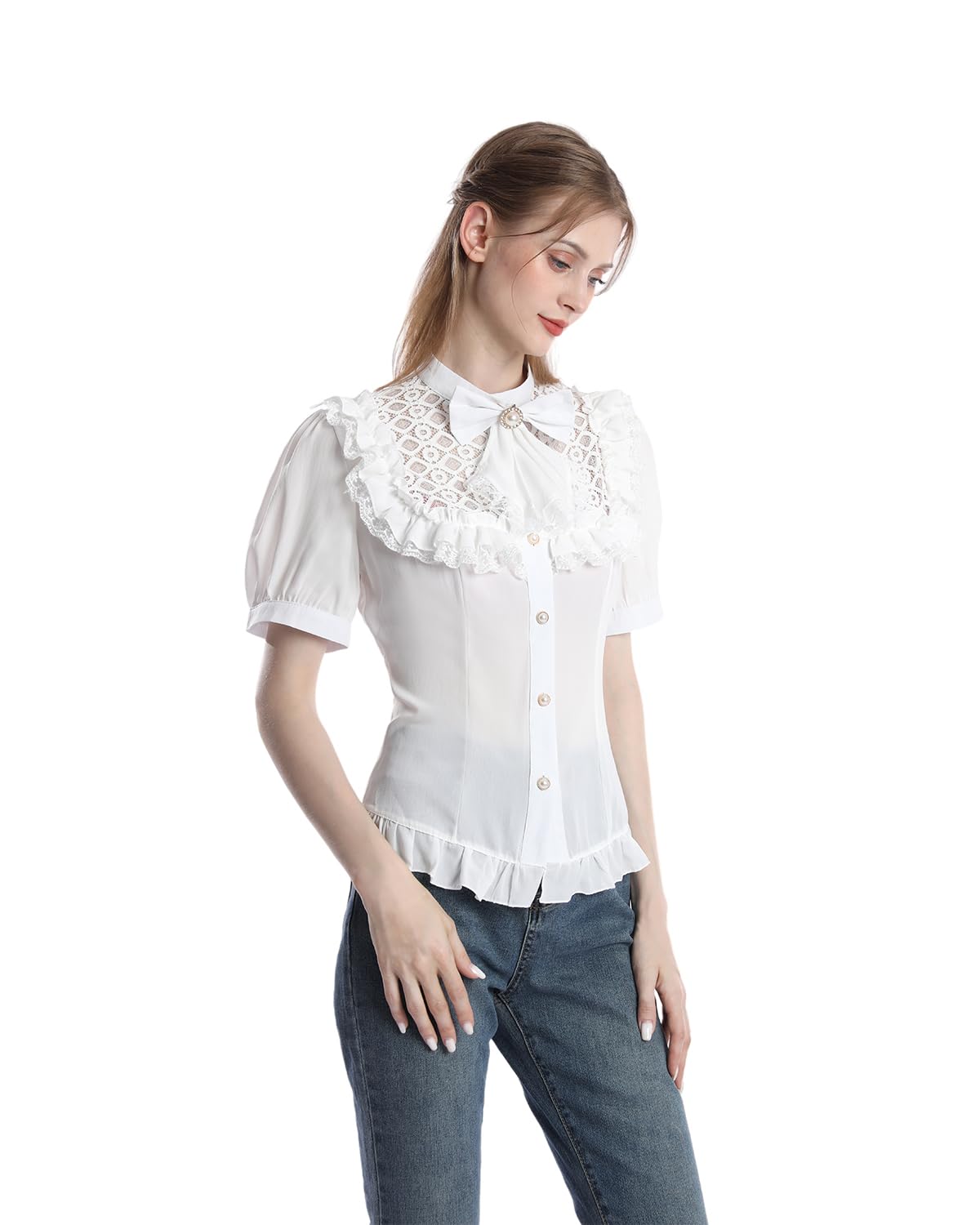 Fiamll Camicetta da donna vittoriana vintage con fiocco, colletto alto con volant a maniche lunghe, Bianco #4.
