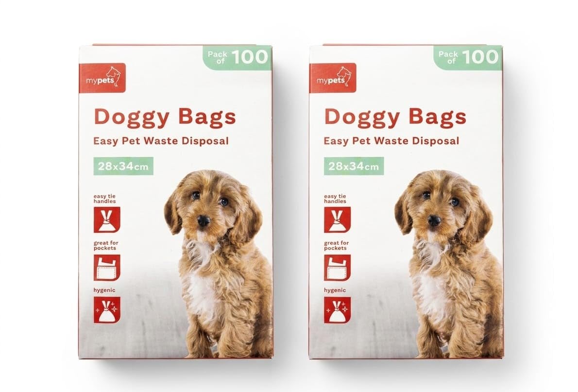 Mypēts | Doggy Bags for Easy Pet Waste Disposal - Easy Tie Handles, Hygienic | 28x34cm | 100 Bags in Each Pack
