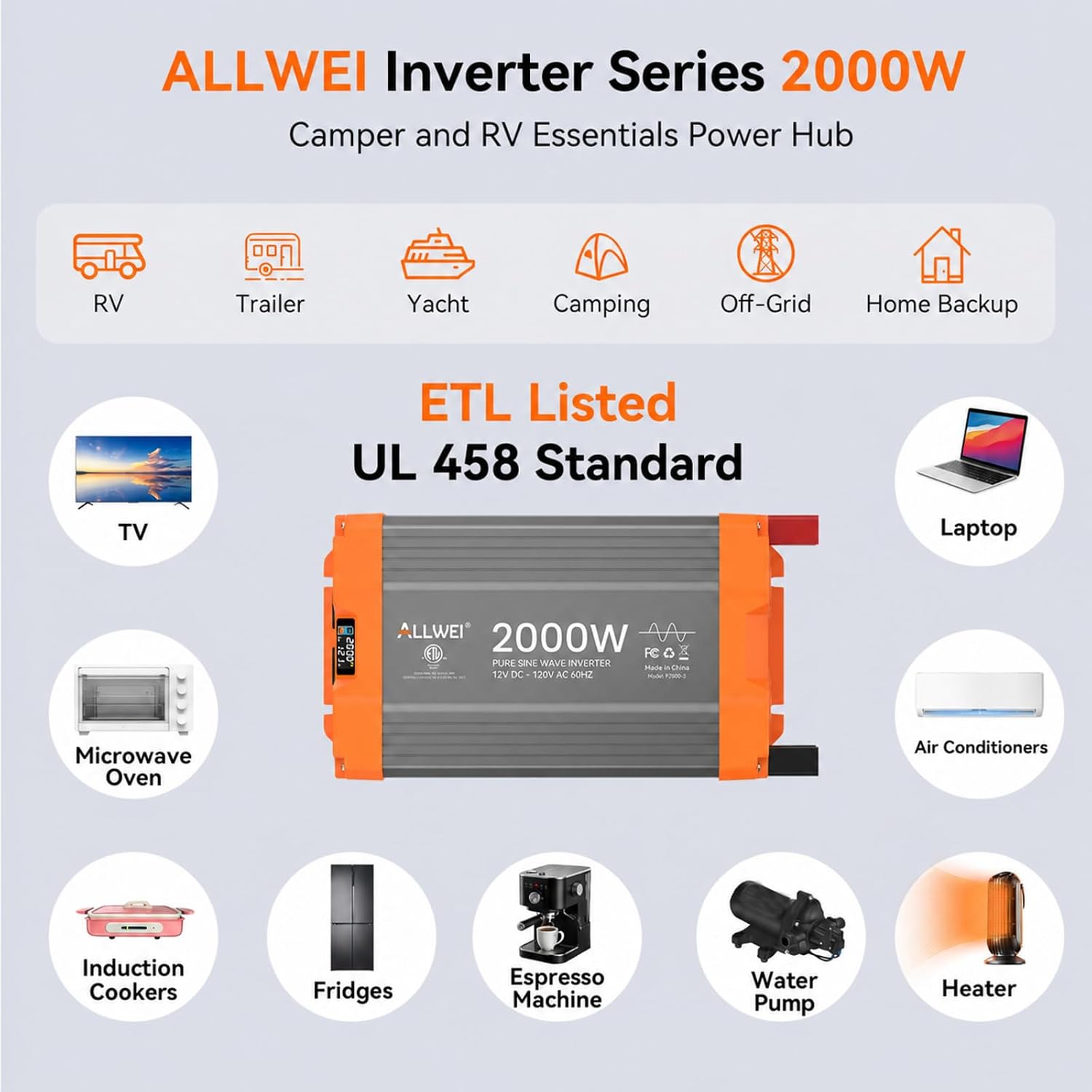 ALLWEI 2000W Pure Sine Wave Inverter, 12V DC to 120V AC Power Inverter,
