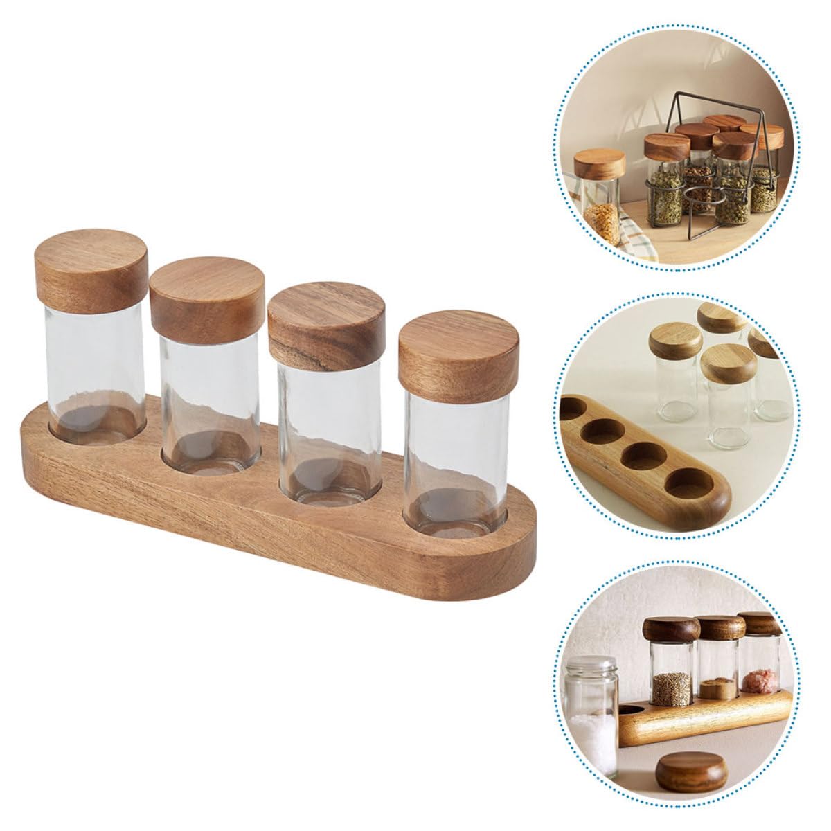 Set Barattoli in Vetro Trasparente 90Ml con Coperchio in Legno di Acacia e Vassoio Contenitori per Spezie e Sale Salvaspazio per Cucina Barbecue e Uso Domestico