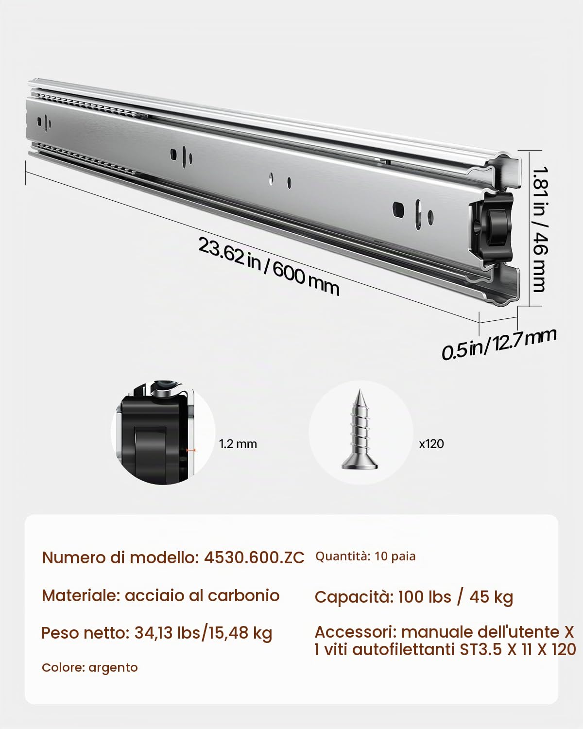 VEVOR Guide per Cassetti, 10 Paia di Guide per Mobili, con Cuscinetti a Sfera a Estensione Completa, Capacità di Carico di 45 kg per Montaggio Laterale per Impieghi Gravosi 600 mm