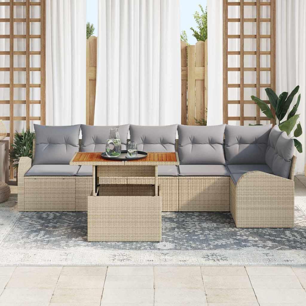Set di mobili da giardino in polyrattan, 7 pezzi, beige e grigio