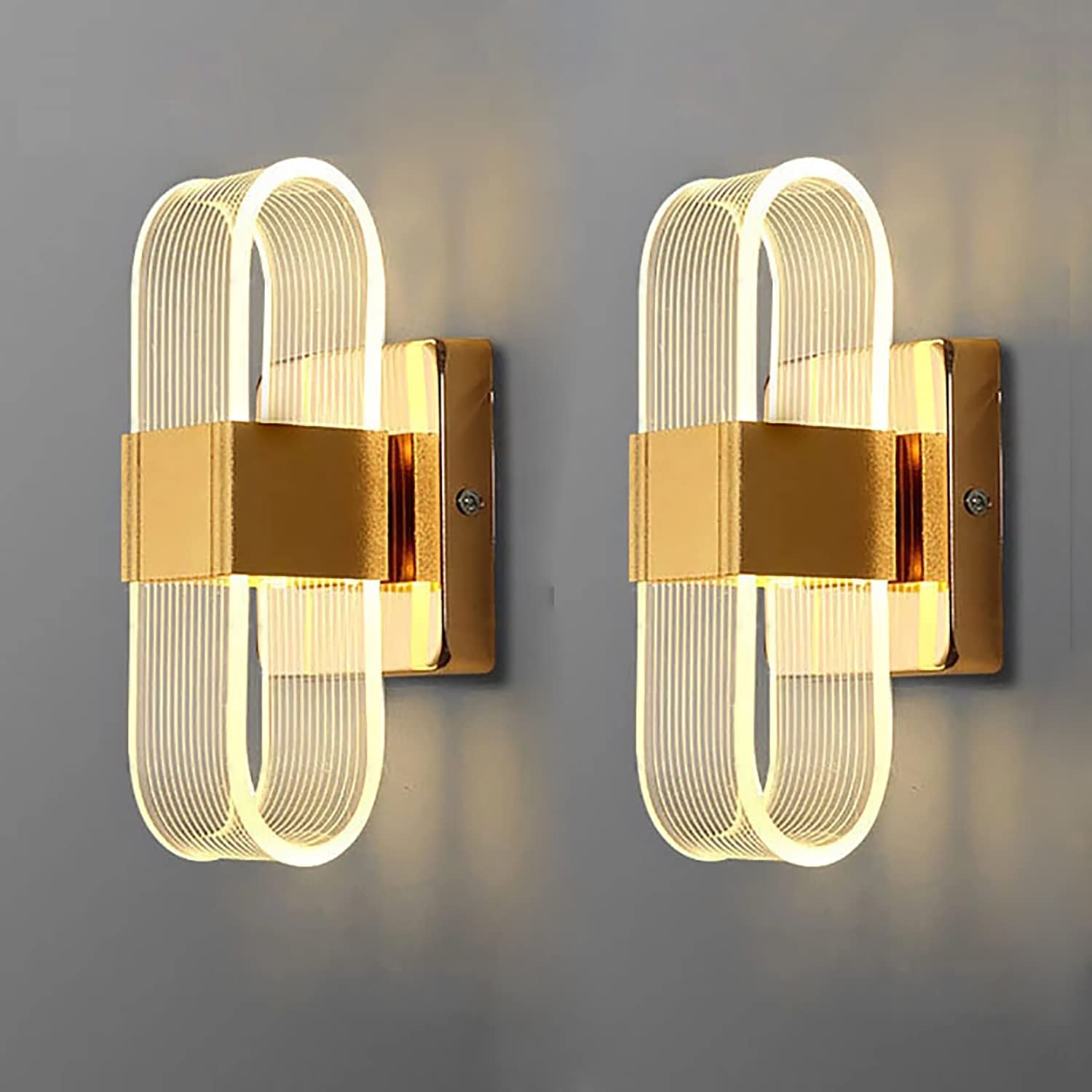 QXXZ 2 pcs LED Indoor Wall Sconce 12W Tricolor Dimming LED Wall Mounted Light Fixture Modern Acrylic LED Wall Lamp for Living Room Bedroom Hallway Stairway Decor(Size:Gold,Color:A)