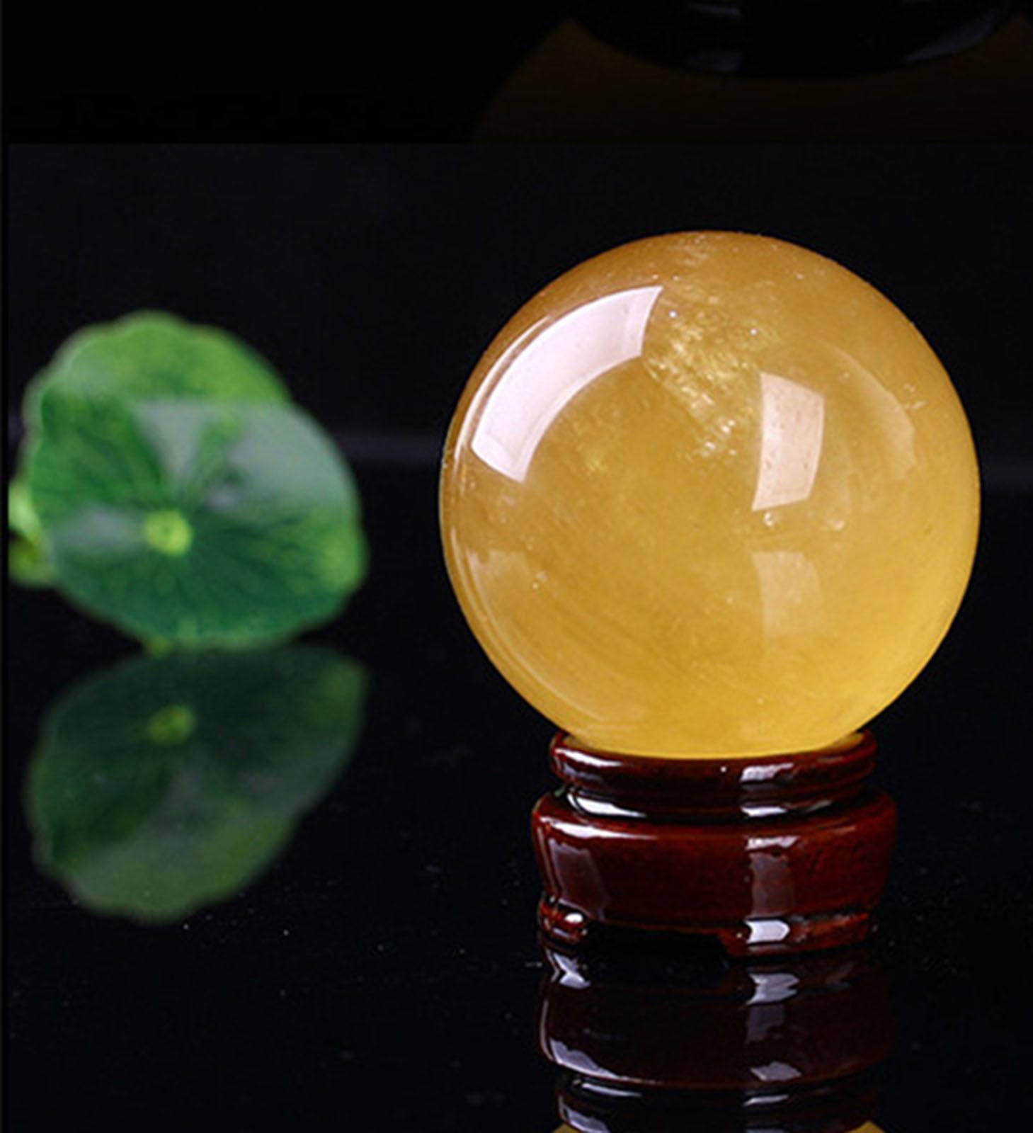 CYVXCPPGI Yellow Crystal Ball Ornaments Raw Stone Polished Citrine Quartz Crystal Sphere Ball Calcite Iceland Spar Figurine with Wood Stand,16cm/6.3in
