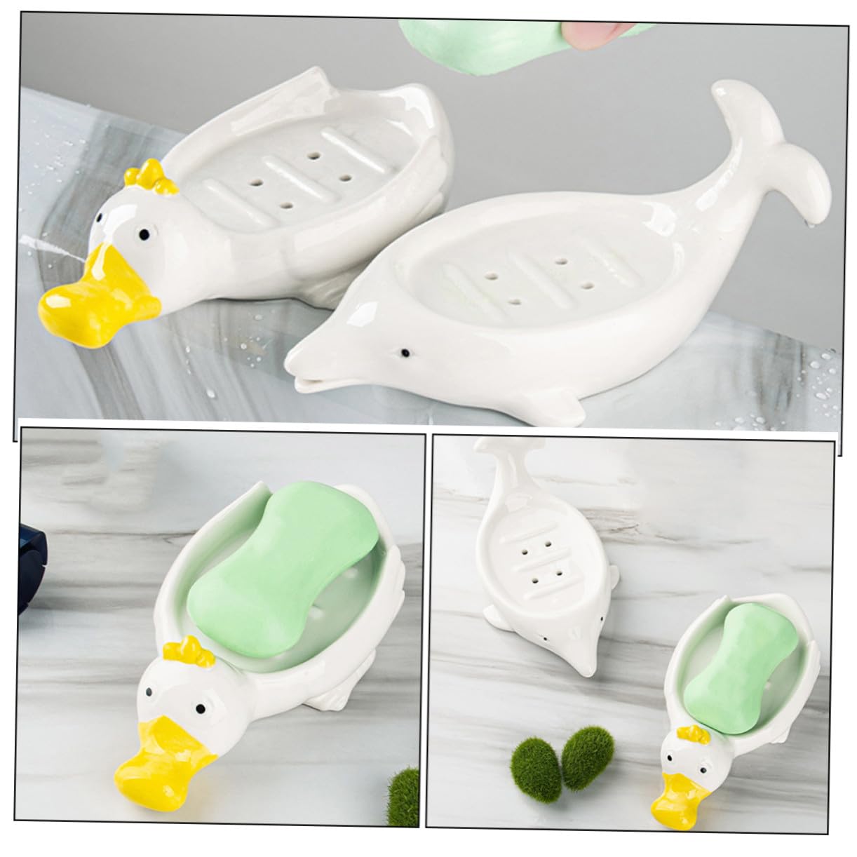 2 Stück Keramik Seifenschale mit Süßem Tierdesign Selbstentwässernd Ablaufendes Seifenfach für Bad Küche Hotel und Gemeinschafts Waschräume Praktisch und Dekorativ