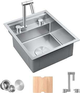 15 Inch Brushed RV Sink - MENATT 15 x 18 Inch Small Kitchen Sink 18 Gauge Stainless Steel Single Bowl Basin with Foldable Faucet Cutting Board