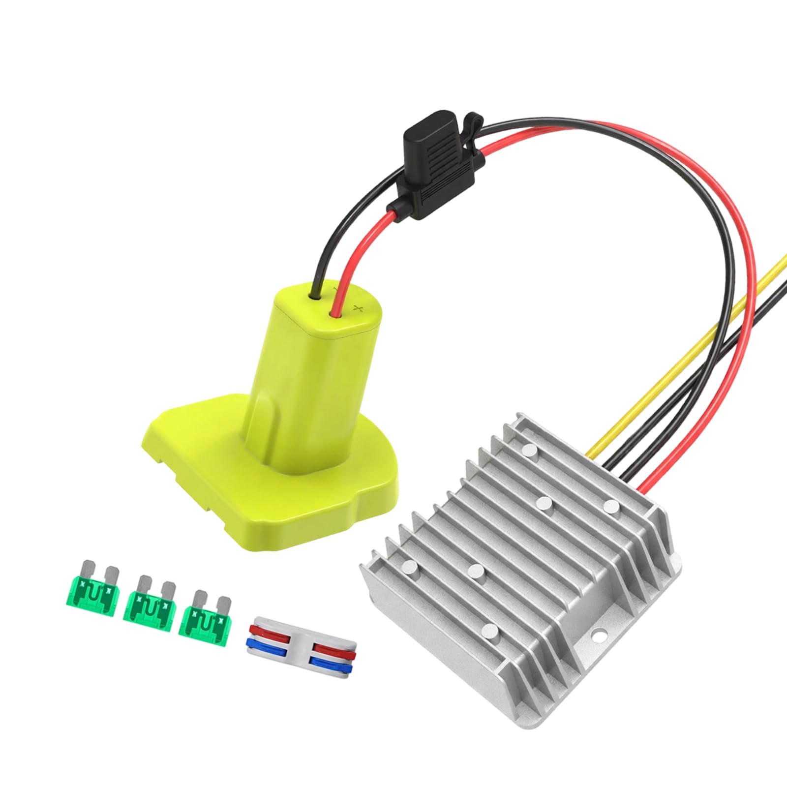Adaptador de corriente de batería para salida de 12 V, convertidor de cable directo con base ABS y carcasa de metal con aletas para tareas de cableado