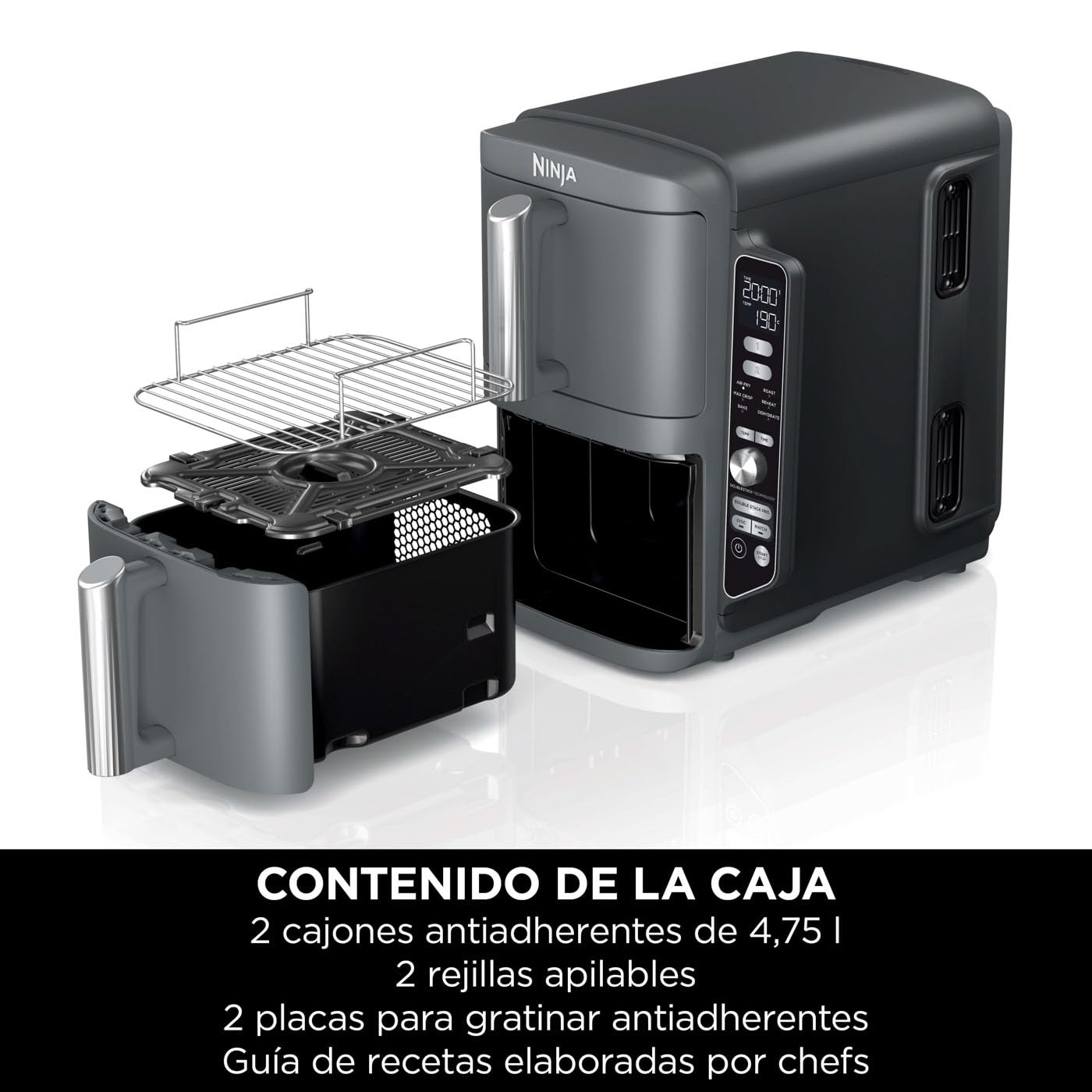 Ninja Double Stack XL Freidora de aire, 9,5 l, Doble cesta vertical, 4 niveles de cocción, 2 cestas y 2 rejillas, diseño para ahorrar más espacio, 6 funciones de cocción, 8 porciones, en gris, SL400EU