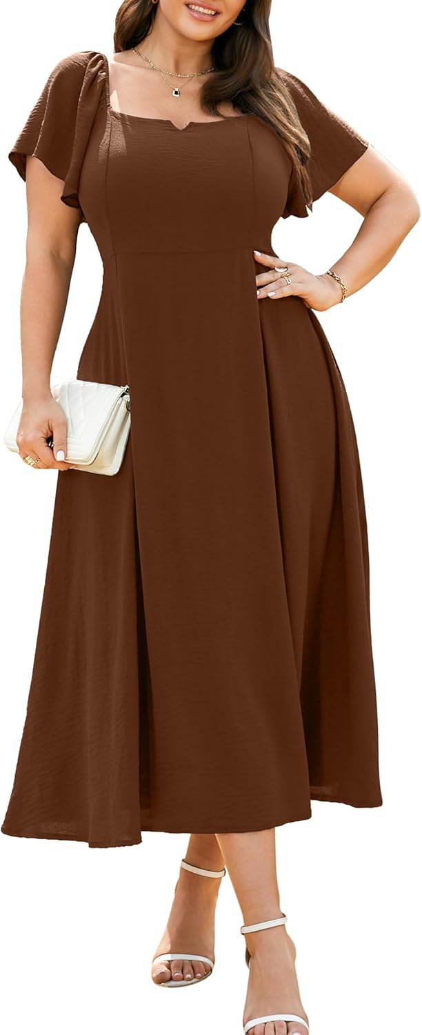 RWJ Plus Size Dresses for Women Formal Cocktail Elegant V Neck Short Sleeve Summer Wedding Guest Maxi Dress with Pocket