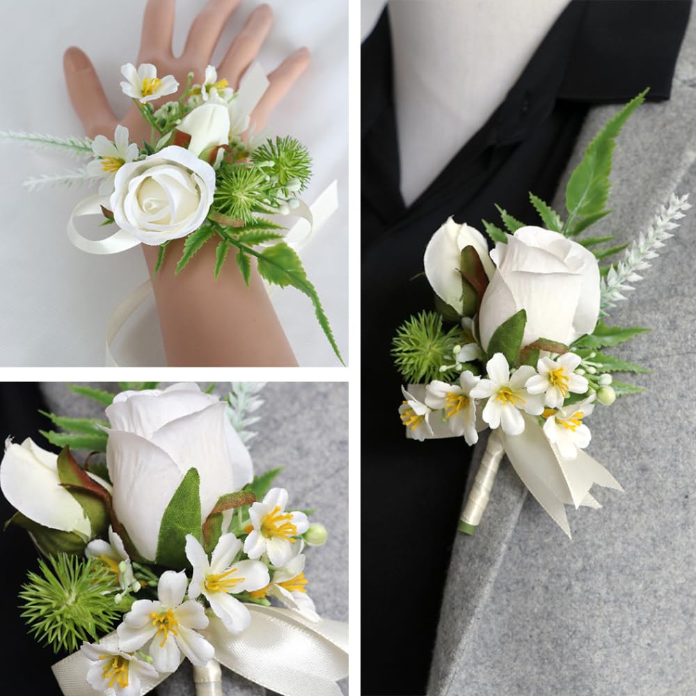 Zestaw bransoletek z kwiatami róż, dla mężczyzn i kobiet, 6 sztuk jedwabnych kwiatów + 6 sztuk różanych dekoracji, broszka, gorset, ręcznie kwiat, boutonnierka dla gości weselnych