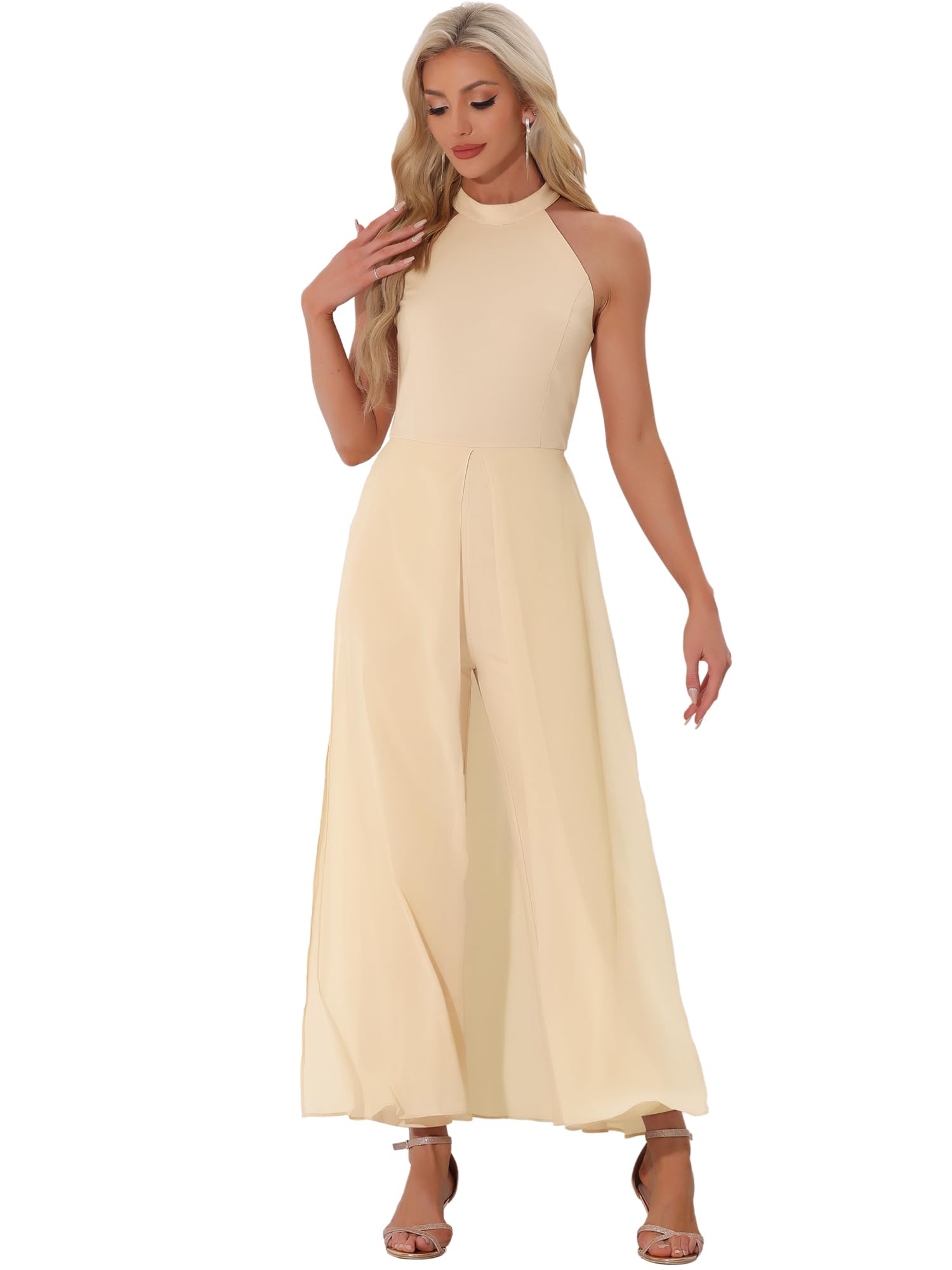 Allegra K Combinaison Sans Manches Femmes Mousseline de Soie Combishort Élégante Col Licou pour Mariage Cocktail Une Pièce Pantalon Jambe Large