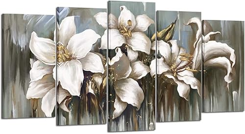KREATIVE ARTS Lienzo de 5 paneles con diseño de flores, arte para la pared, arte moderno con estampado floral giclée, pinturas de tulipanes blancos