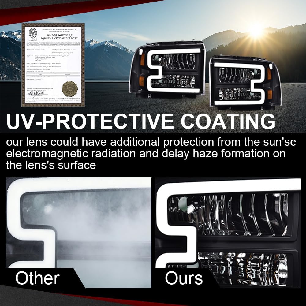 CHEDA LED DRL Headlights Assembly Compatible with 2005 2006 2007 Ford F250 F350 F450 F550 Super Duty bumper Headlamp（Clear lens Black Housing Amber Reflector） Faros Conjunto De Faros