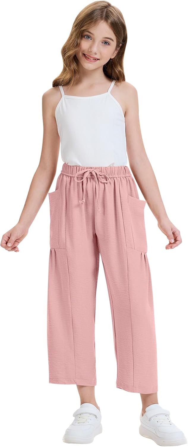 COZYPOIN Girl’s Wide Leg Pants Elastic Waist Loose Fit Flowy Casual Beach Palazzo Harem Trousers with Pockets 5-14 Y - Image 2