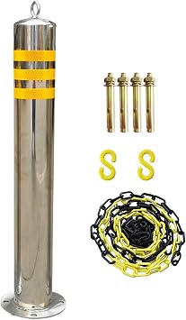 Parking Bollards for Driveway, Reflective Parking Barrier for Driveway, Stainless Steel Traffic Cones with Plastic Chain Silver 80076mm/31.53in Silver 80089mm/31.53.5in