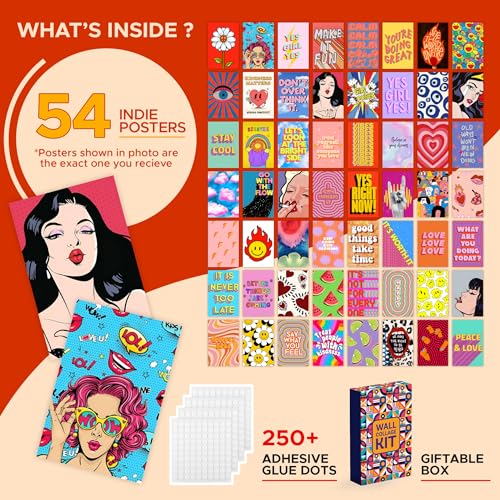 Image of CodersParadise Indie Y2K Wall Collage Kit - 54 PCS Aesthetic Hippie 4x6 Posters | Retro Room Decor for Bedroom, Dorm, Office & Living Room | Premium Thick Cardstock Prints with Glue Dots Included