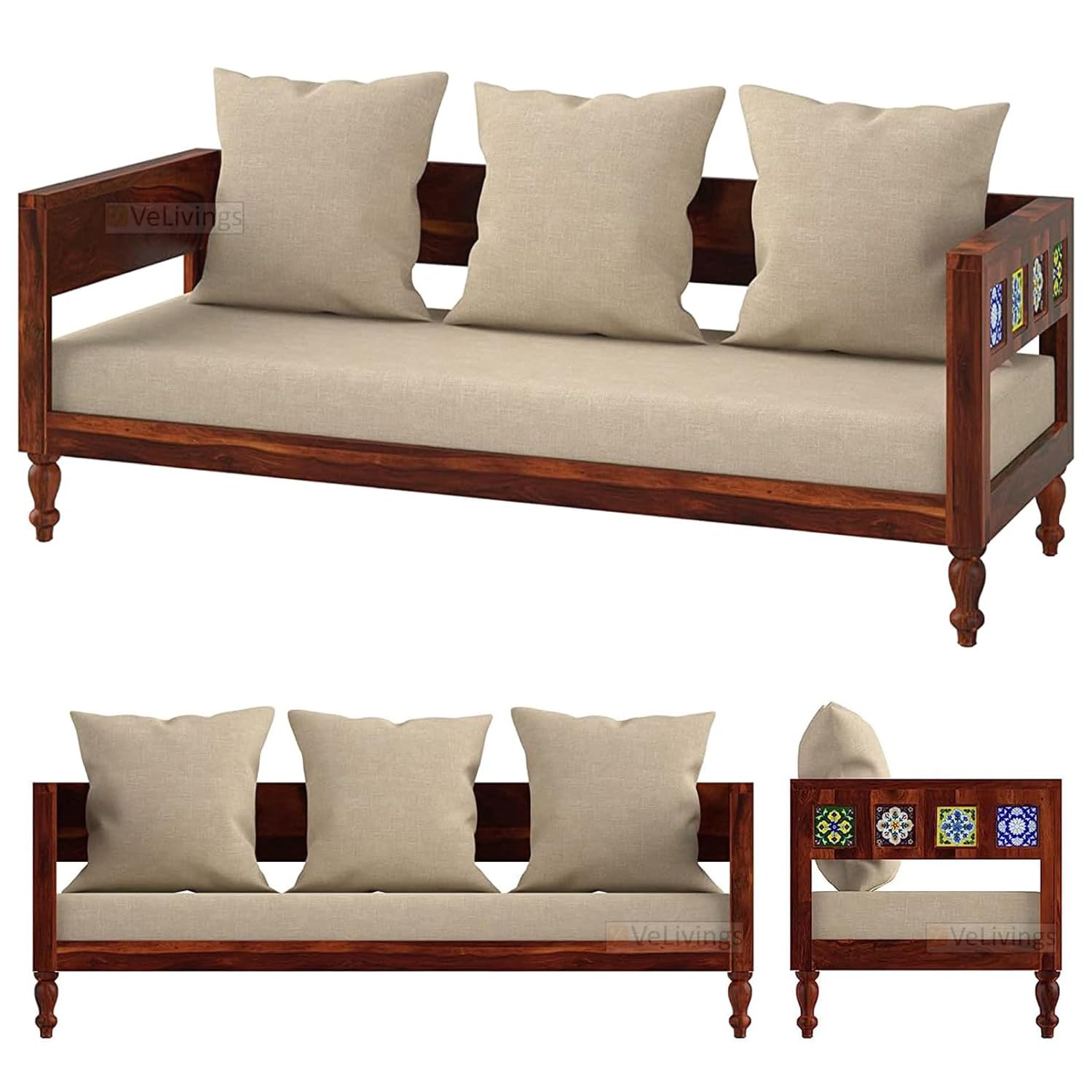 Solid Sheesham Wood 3 Seater Sofa for Living Room Home and Office | Wooden Sofa Set Three Seater with Antique Ceramic Tiles Design (Beige Color Fabric Cushion, Honey Brown Finish)