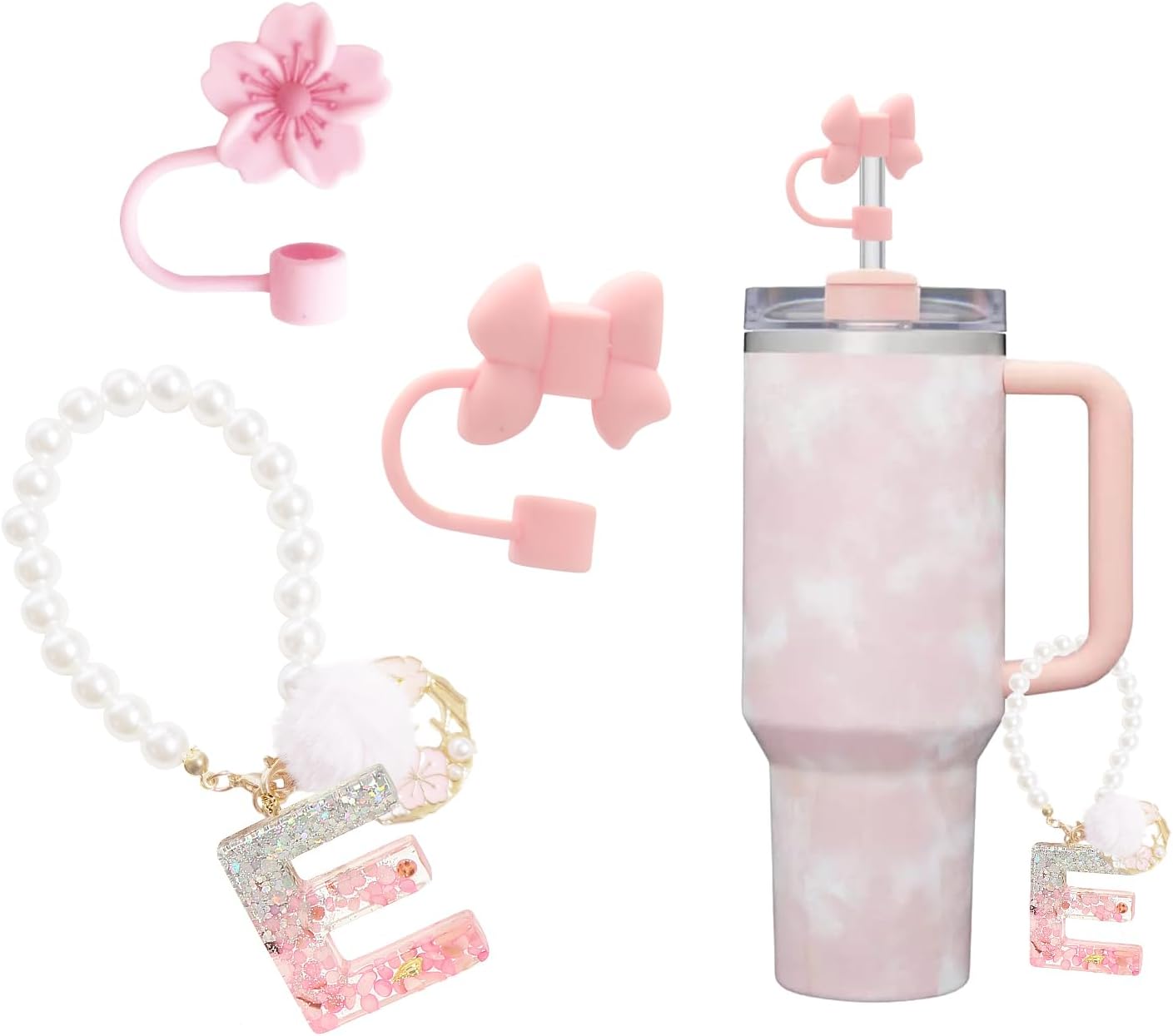 Letter Charm Accessories for Stanley Cup 30&40 Oz with Handle, 3Pcs Cute Initial Letter Charms for Stanley Tumbler with 2Pcs Silicone Straw Toppers, Personalized Pearl Chain Decor for Women Girls (D)