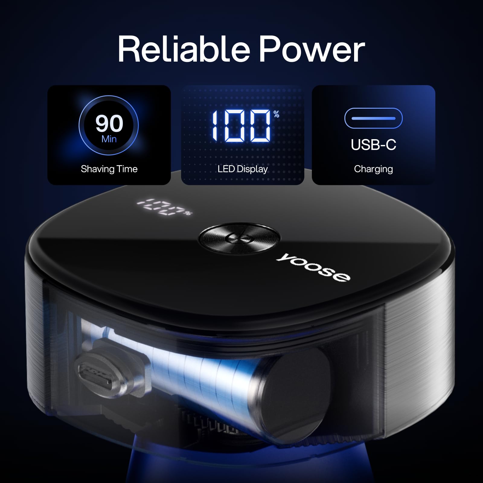 yoose Rasoio Testa Calva Uomo, IPX7 rasoio elettrico corpo uomo(5 Testine Magnetiche, Autonomia 90 Min, Ricarica Rapida USB-C, Display Batteria, Controllo PID Intelligente) - Rasoio elettrico barba