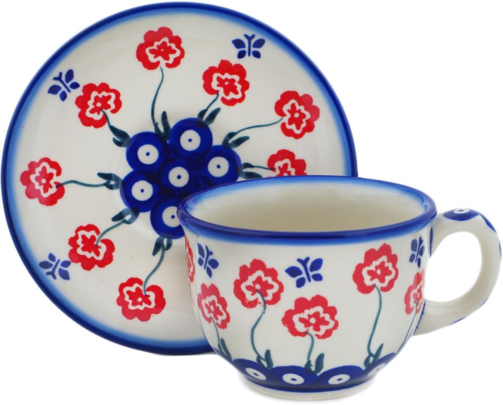 Polmedia Polish Pottery Cup with Saucer - Blue Eye Spring Pattern Handmade in Boleslawiec Poland by Ceramika Bona + Certificate of Authenticity