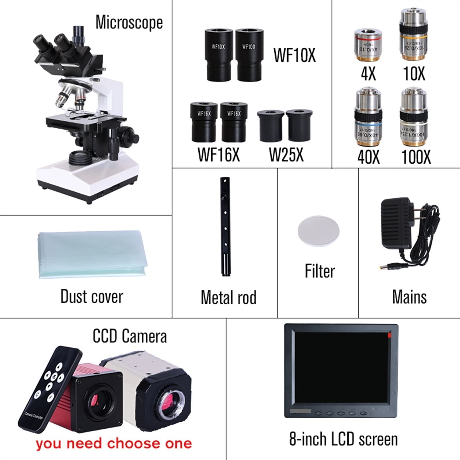 9 cal LCD profesjonalne laboratorium biologiczny HD Trinocular mikroskop Zoom 2500X + USB VGA CVBS elektroniczna cyfrowa kamera ccd(Set 2)