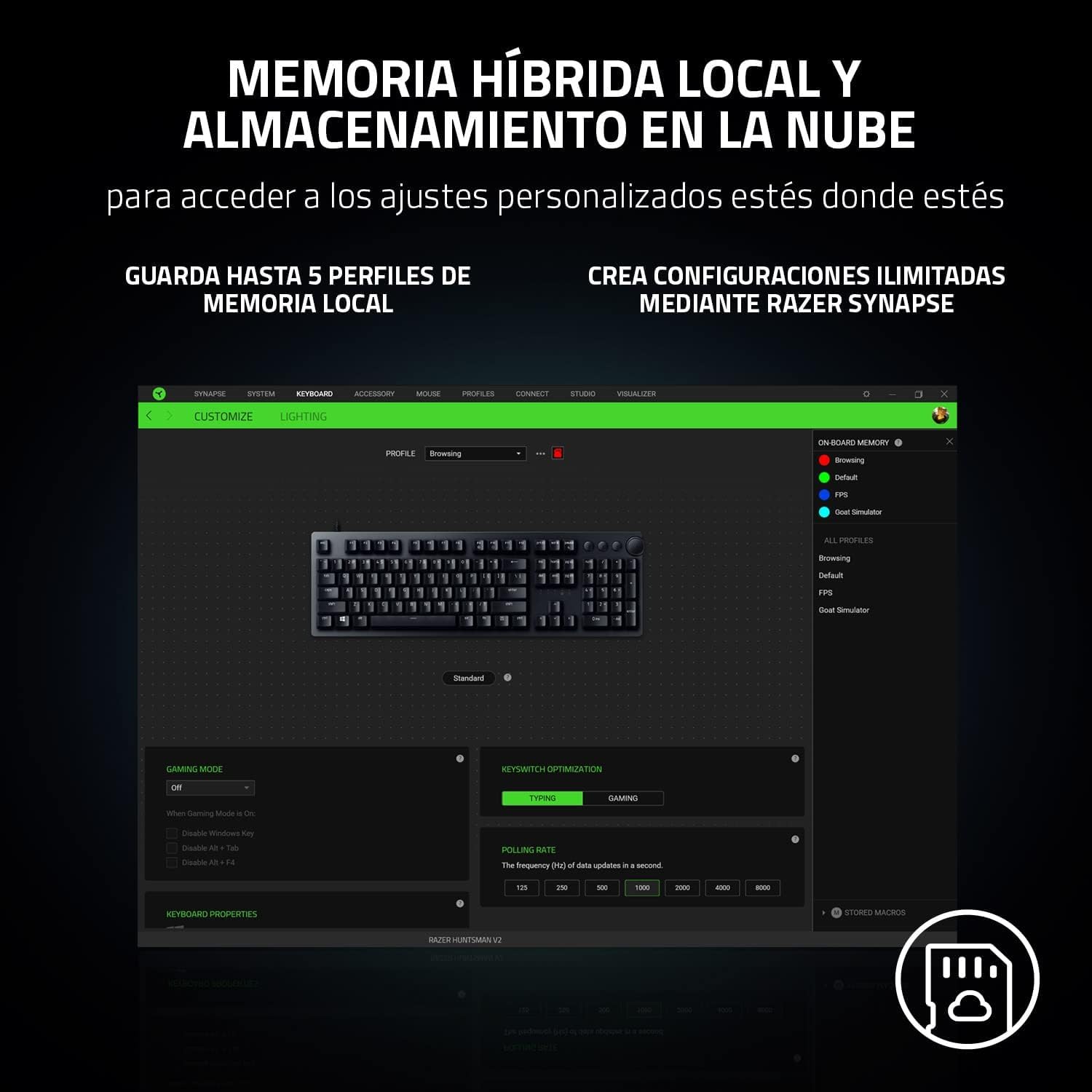 Razer Huntsman V2 Tenkeyless (Red Switch) - Teclado óptico para juegos sin teclado numérico (reposa-palmas, HyperPolling, teclas Doubleshot PBT) Teclado Español - Negro