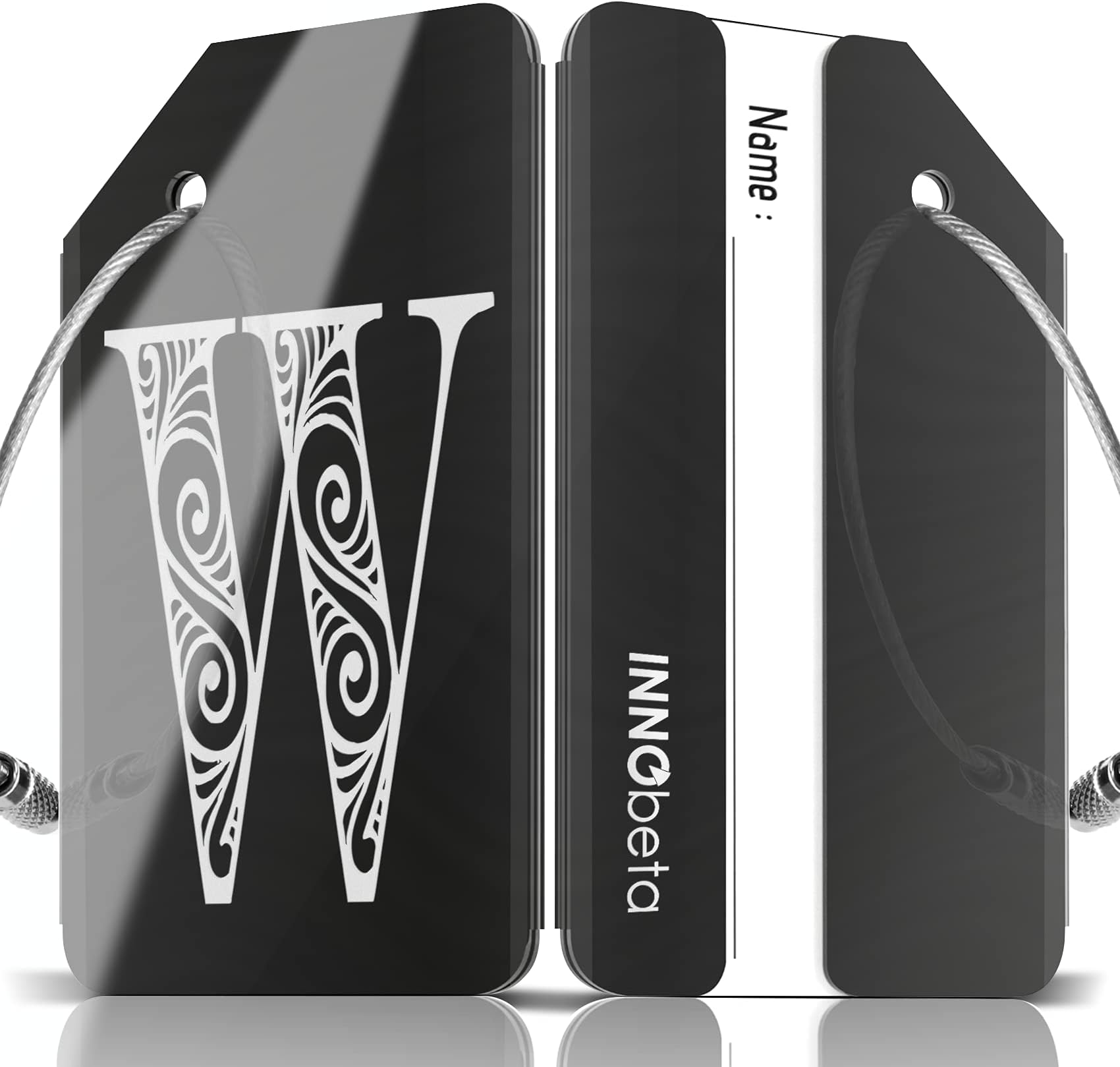 Initial Luggage Tag for Men and Women, INNIbeta Stainless Steel Name Tags for Luggage X 1 Piece, Mirror Black Letter W