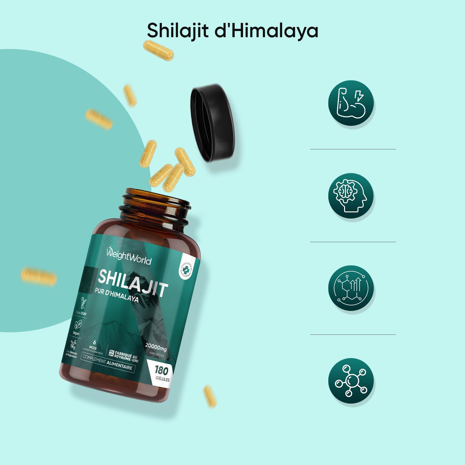 Shilajit Pure Gelules Vegan 180 Gélules 20000mg, Shilajit Pure Himalaya Acide Fulvique Acide Humique & Minéraux, 6 Mois de Stock, Alternative Résine d’Himalaya sans OGM ni Stéarate de Magnésium