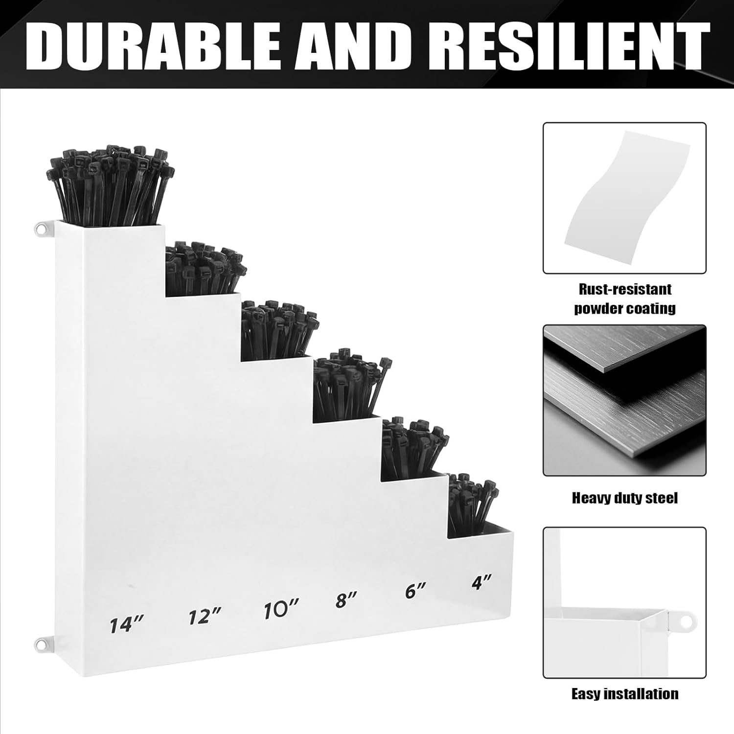 Cable Zip Tie Storage Holder Rack Metal Zip Tie Organizer Wall Mount Pockets with Screws for Workshop Shed Garage Home Ties, Ties and Tools Not Include(White,14 x 13 Inch,6 Pockets)