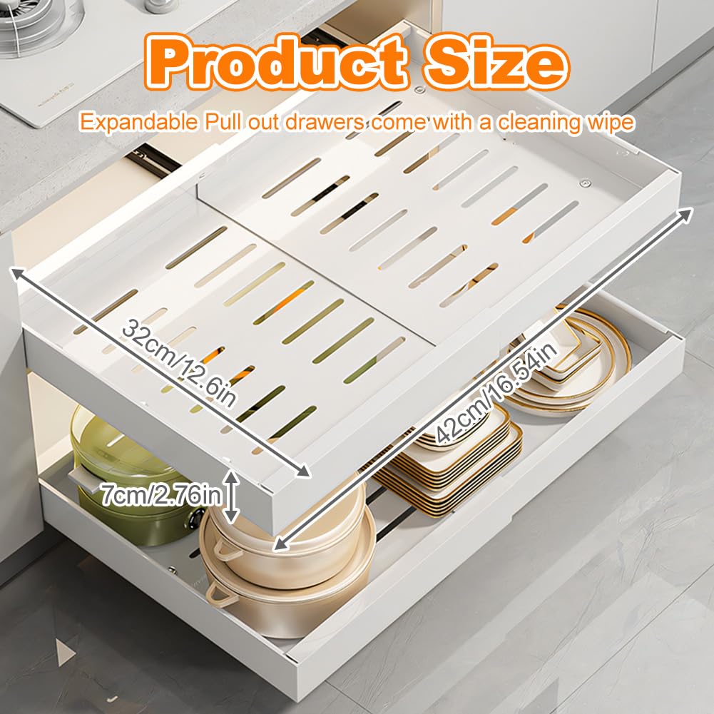 Schubladen-Organizer für die Küche, selbstklebendes ausziehbares Regal, platzsparende Aufbewahrungslösung, 42 x 32 x 7 cm, ideal für Küchenorganisation und Entwirrung