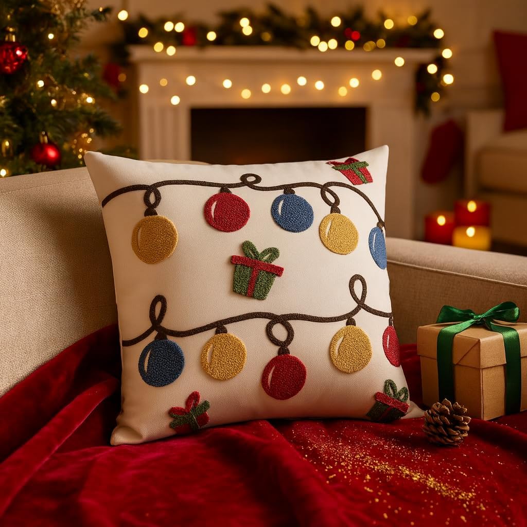The Purple Tree Twinkling Light and Baubles Christmas Embroidered Cushion (Pack of 1, 16x16 inch) Christmas Decor Cushion, Xmas Gift, Best Gift for Christmas-image-9