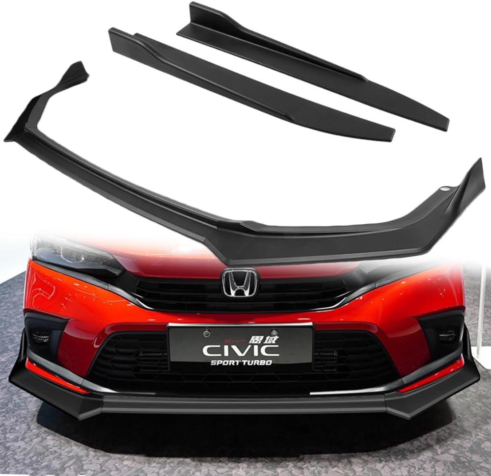 Q1-TECH, 5-Piece Front Bumper Lip + Side Skirt Rocker Winglet Canard Diffuser Wing Compatible with 2022-2024 Honda Civic Sedan Only, Front Lip Spoiler Splitter (Painted Carbon)
